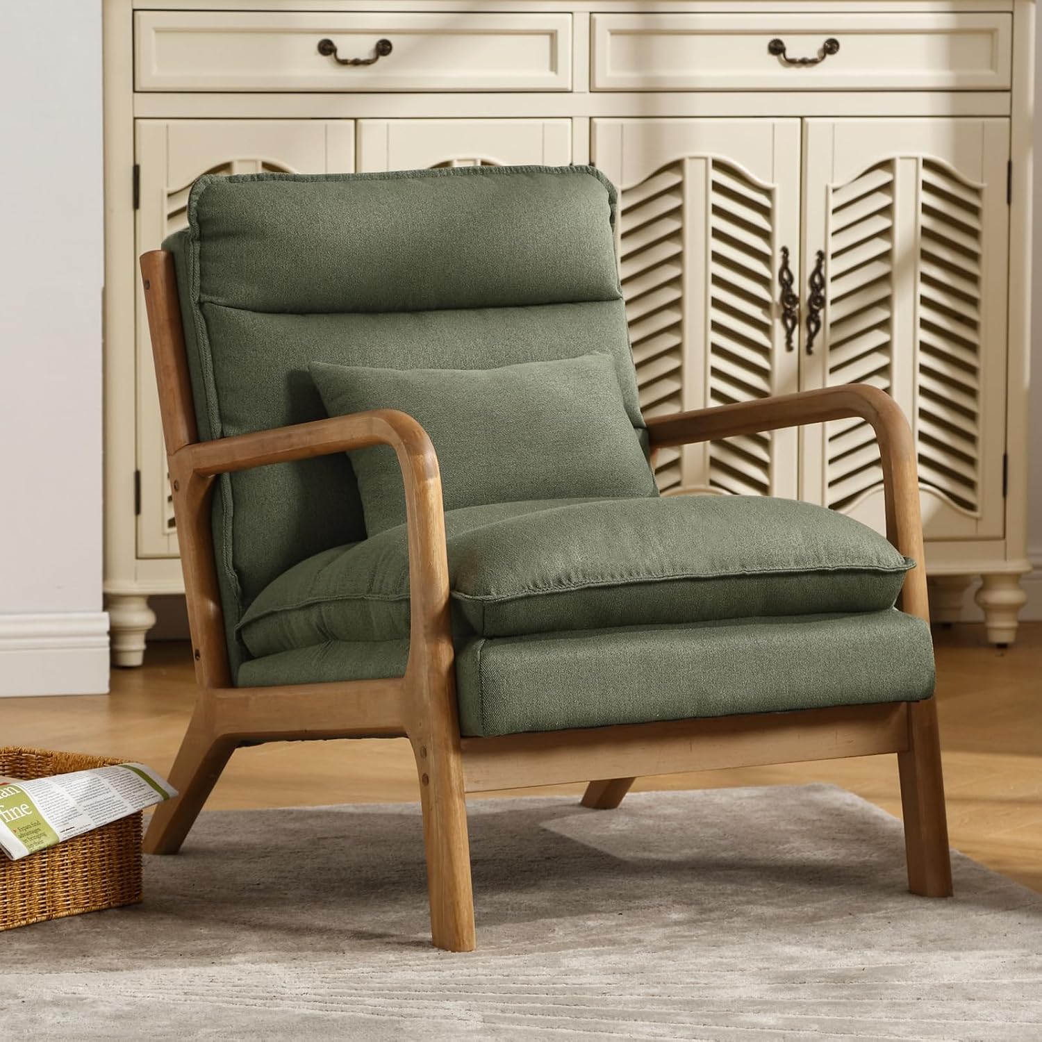 Mid Century Modern Accent Chair with Wood Frame, Upholstered Reading Armchair with Waist Cushion, Double Padded Accent Chair, Side Chair for Living Room Bedroom Office, Easy Assembly, Green